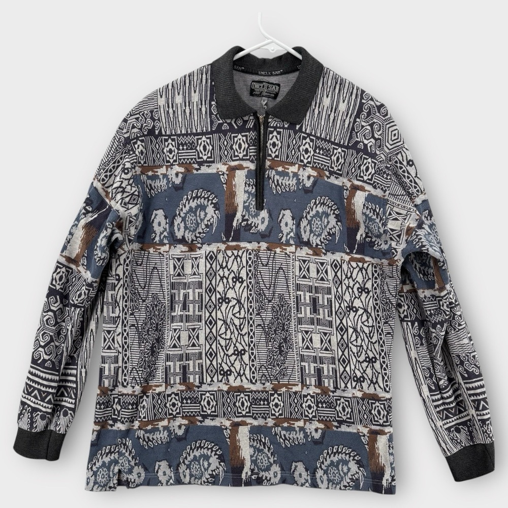 VTG Uncle Sam Sweater‎ Mens XL Abstract Pattern Zip Pullover Grunge Knit 1990s